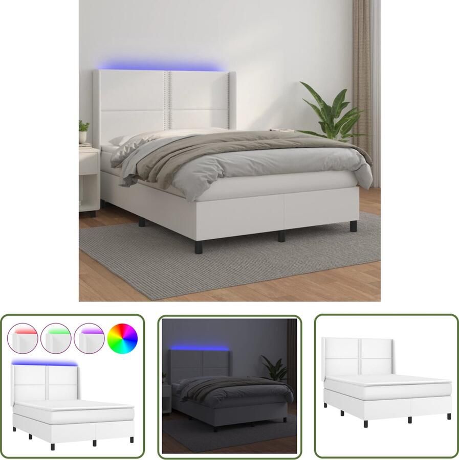 The Living Store Boxspring met matras en LED kunstleer wit 140x200 cm Boxspring Bed Boxspring Led Bed Witte Boxspring Kunstleder Bed