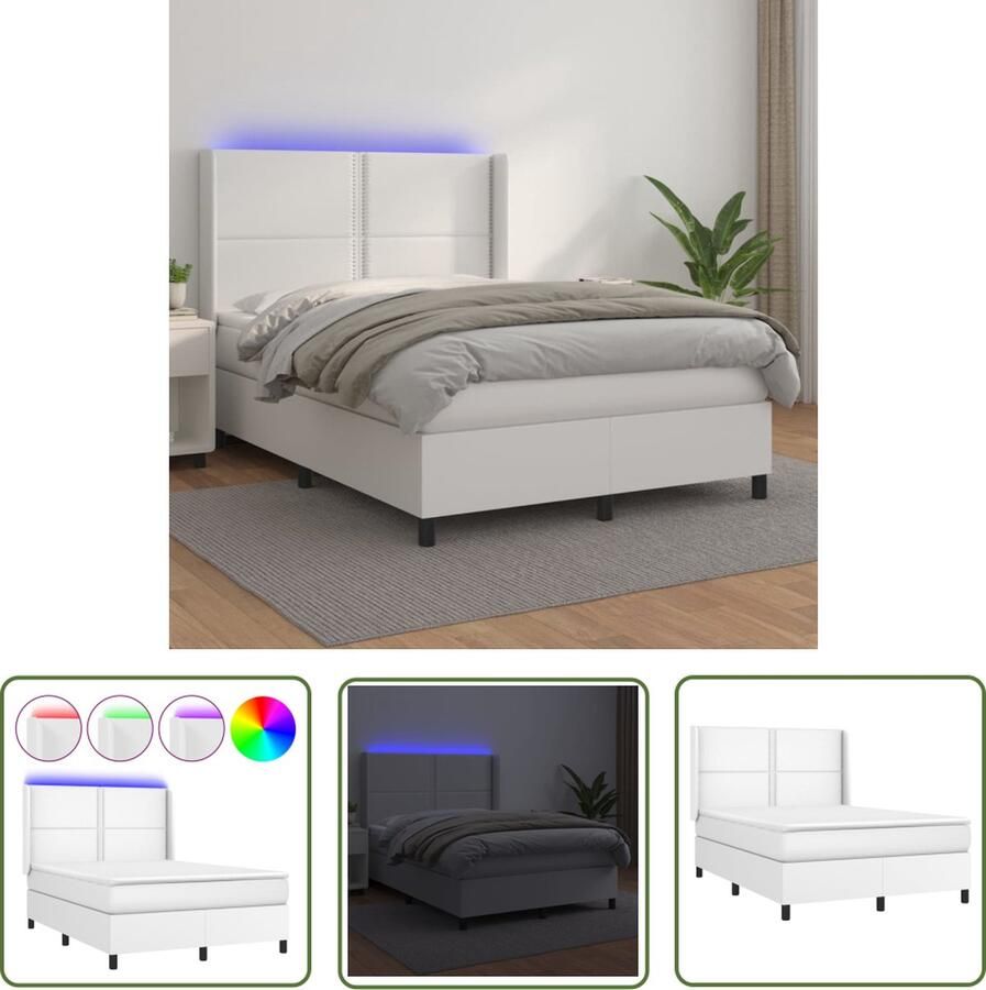 The Living Store Boxspringset 193 x 147 x 118 128 cm Kunstleer LED-verlichting Pocketvering matras Huidvriendelijk topmatras Wit Boxspring Led Bed Kunstleder Bed Boxsprings Kopen Slaapcomfort