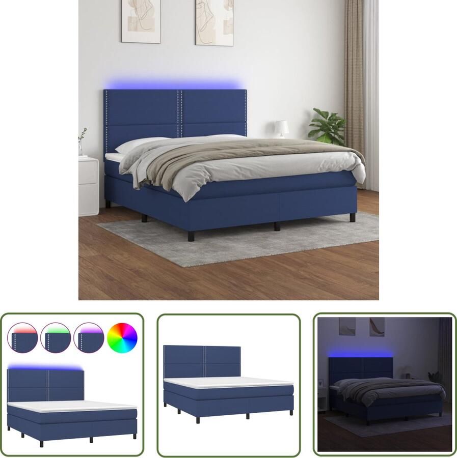 The Living Store Boxspring LED 203 x 160 x 118 128 cm Blauw Stof Duurzaam Verstelbaar hoofdbord LED-verlichting Pocketvering matras Huidvriendelijk topmatras Montagehandleiding