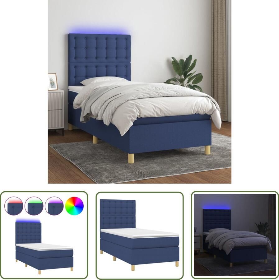 The Living Store Boxspring Bed Blauw 203 x 90 x 118 128 cm Verstelbaar hoofdbord LED-verlichting Pocketvering matras Huidvriendelijk topmatras 5 V USB-aansluiting Boxspring Bed Boxspring Led Bed Elektrisch Bed Slaapcomfort - Foto 2