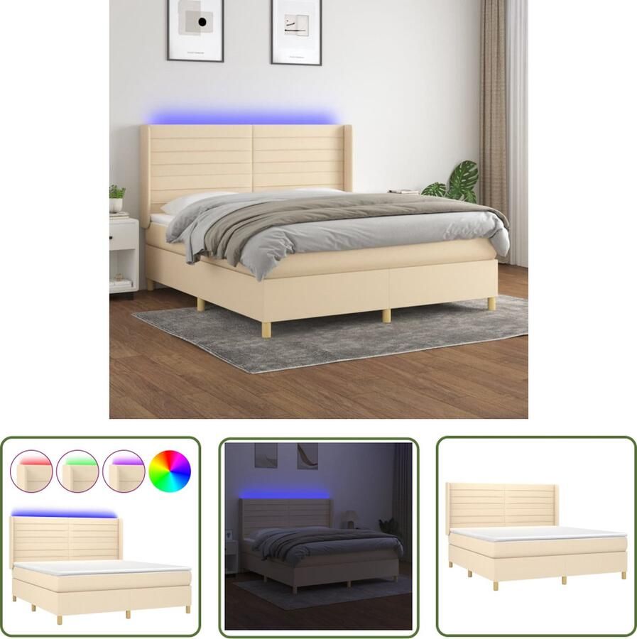 The Living Store Boxspring Bed LED-verlichting Pocketvering matras Huidvriendelijk topmatras 160x200 cm Crème Boxspring Led Bed Pocketed Spring Mattress Creme Bed Bedroom Furniture