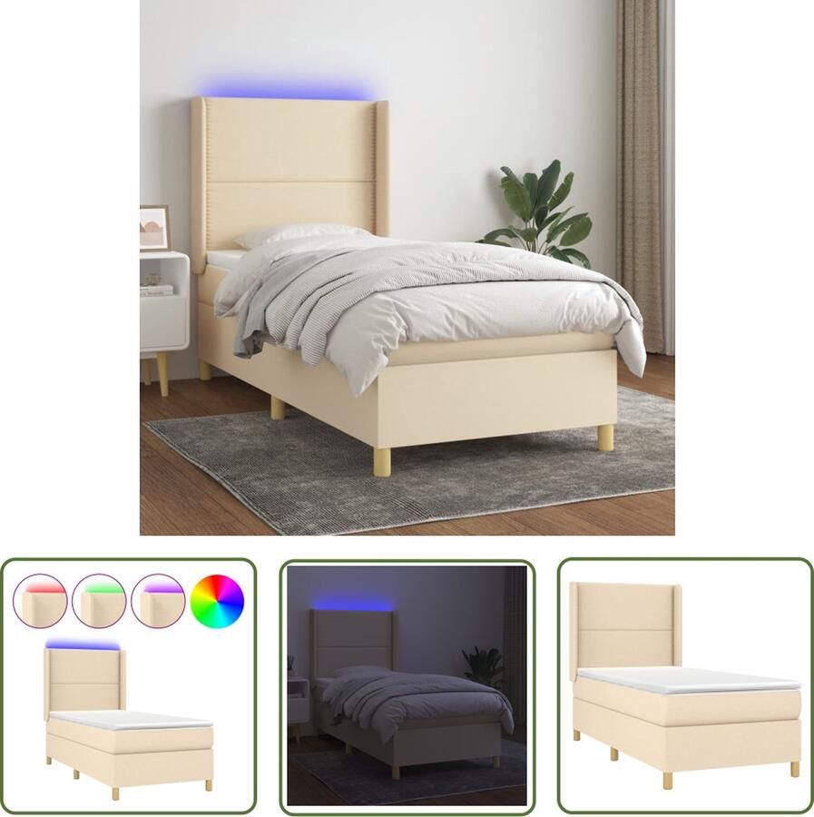 The Living Store Boxspring LED 203 x 83 x 118 128 cm Pocketvering matras Huidvriendelijk topmatras Boxspring Led Bed Slaapcomfort Creme Kleurtoneel Pocketed Veren Matras