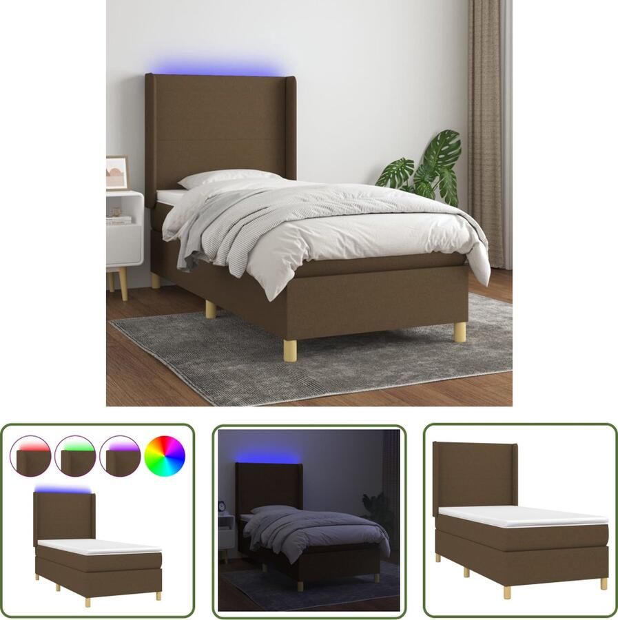 The Living Store Boxspring met matras en LED stof donkerbruin 90x190 cm Boxspring Bed Donkere Bruine Led Lampje Hoofdbord Pocketed Veren Matras