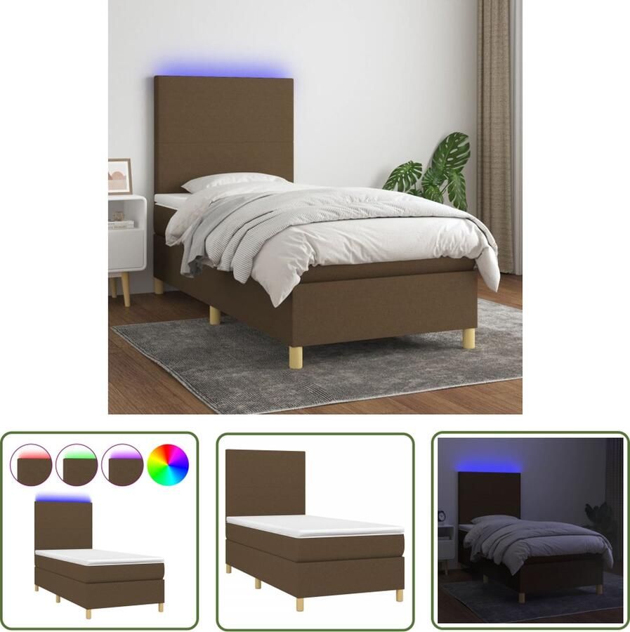 The Living Store Boxspringset Bed Matras en LED Donkerbruin 193x90x118 128 cm Pocketvering Matras Huidvriendelijk Topmatras Kleurrijke LED-verlichting