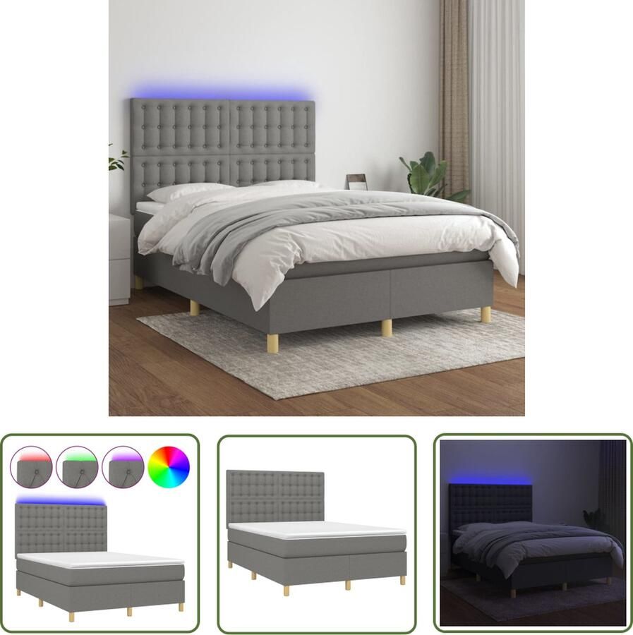 The Living Store Boxspring Donkergrijs 203x144x118 128 cm LED en Pocketvering Boxspring Led Boxspring Donkere Boxspring Grijs Boxspring Tweepersoons Boxspring