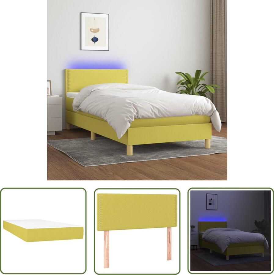 The Living Store Boxspring Groen 203x100x78 88 cm LED Pocketvering Huidvriendelijk Boxspring Led Boxspring Groene Boxspring Tweepersoons Bed Slaapcomfort