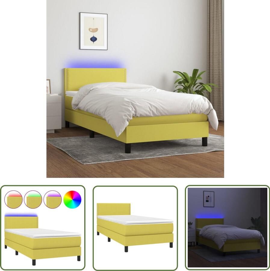 The Living Store Boxspring met matras en LED stof groen 100x200 cm Boxspring Slaapcomfort Led Lamp Pocketing Veren Verdeeld Liggen