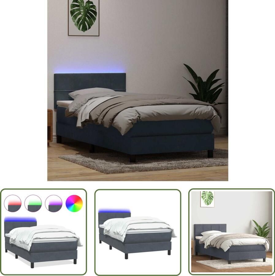The Living Store Boxspring met matras fluweel donkergrijs 80x220 cm Boxspring Bed Frame Tweepersoonsbed Donkere Kleur Led Verlichting