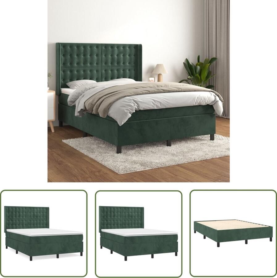 The Living Store Boxspringbed Comfort Bed 203 x 147 x 118 128 cm Donkergroen Fluwelen Bed met Pocketvering Matras en Huidvriendelijk Topmatras