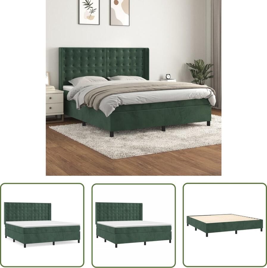 The Living Store Boxspring met matras fluweel donkergroen 180x200 cm Boxspringbed Fluweel Bed Pocketveer Matras Middenhard Matras Groen Bed