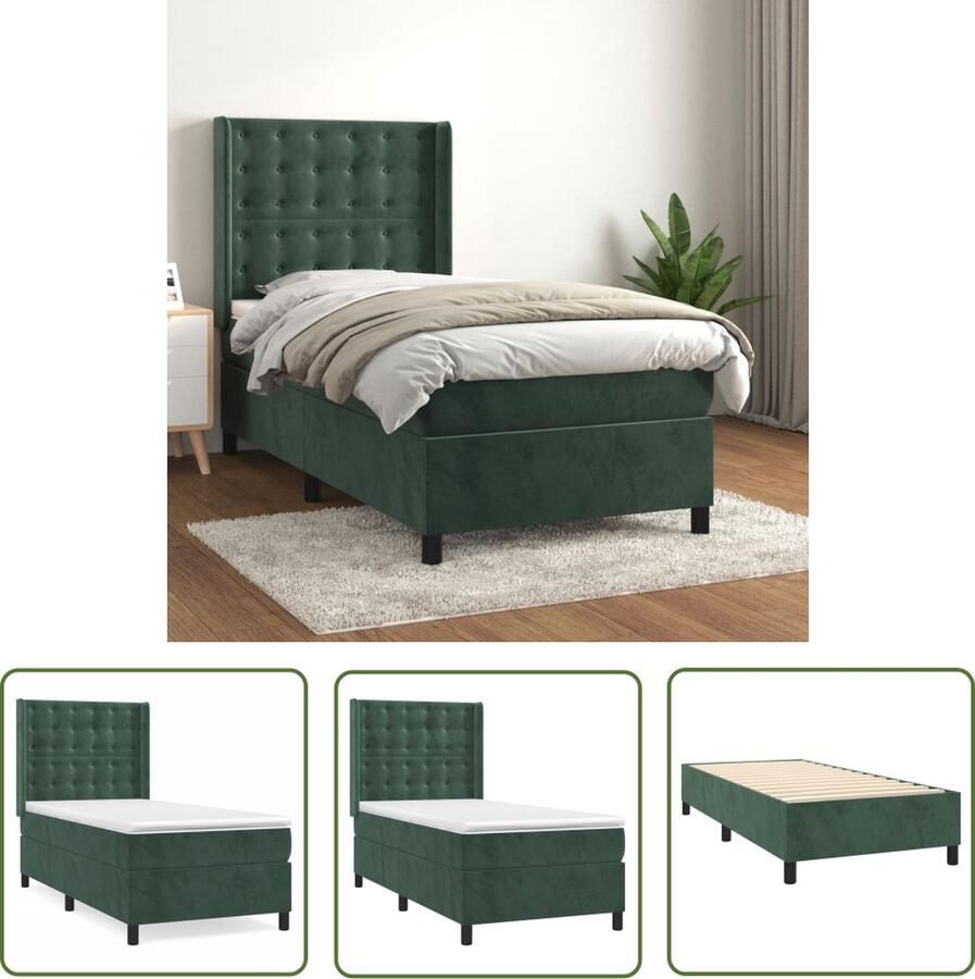 The Living Store Boxspringbed Fluweel Pocketvering Middelharde ondersteuning Huidvriendelijke topmatras Donkergroen 203x93x118 128 cm 90x200x20 cm 90x200x5 cm