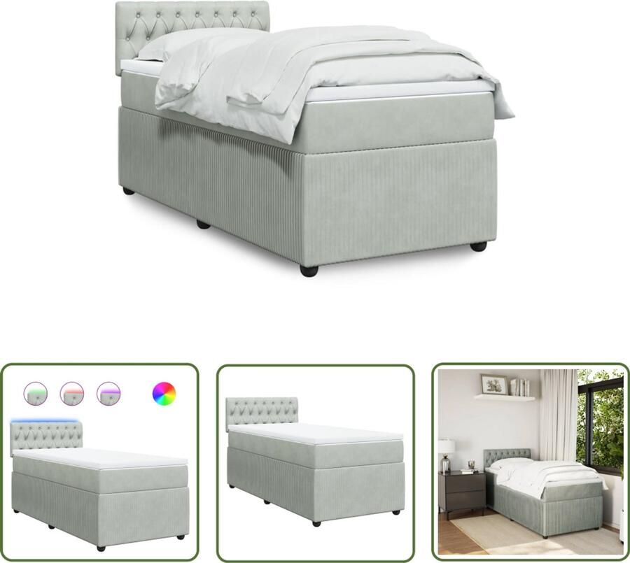 The Living Store Boxspring met matras fluweel lichtgrijs 90x190 cm Boxspring Boxspringbed Led Verlichting Pocketh Verenmatras Fluweel Bed
