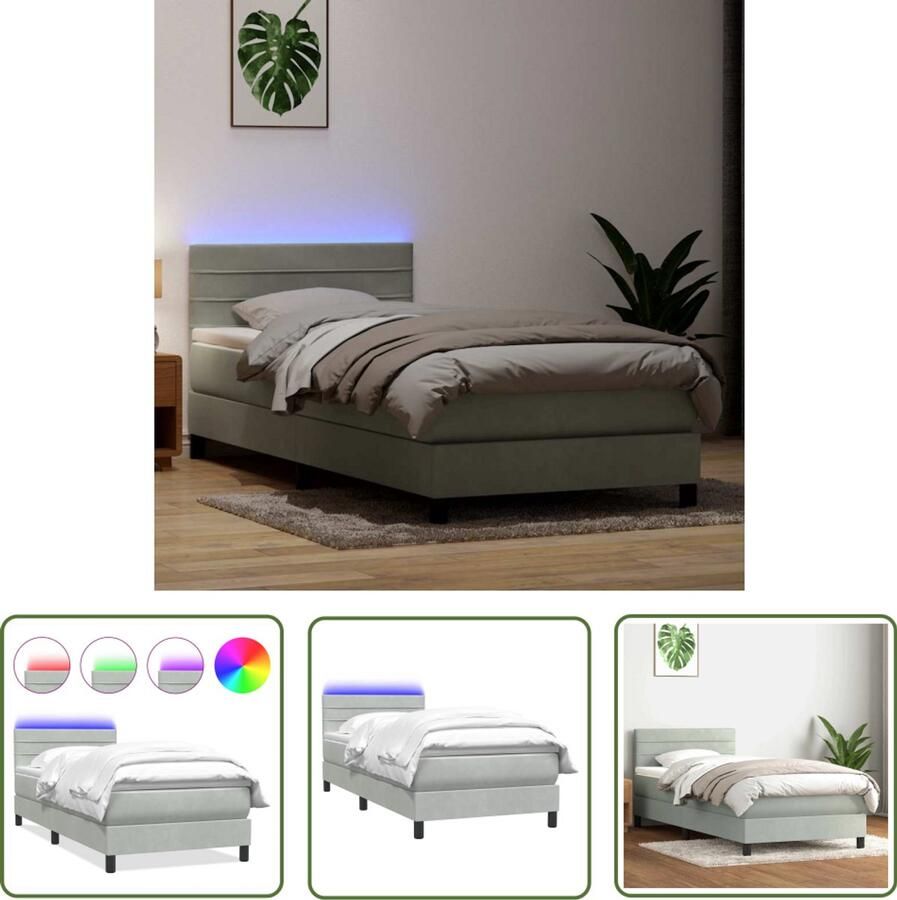 The Living Store Boxspring met matras fluweel lichtgrijs 90x220 cm Boxspring Tweepersoons Bed Slaapcomfort Led Verlichting Hoofdbord