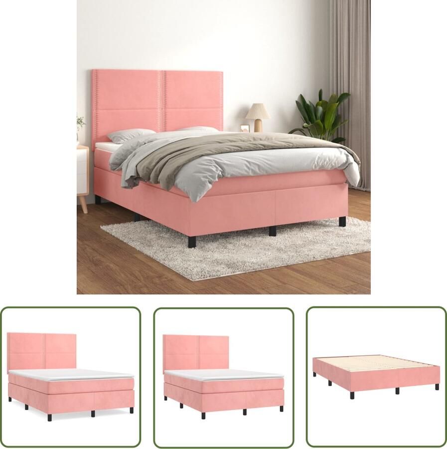 The Living Store Boxspringbed Bed 193x144x118 128 cm Fluweel roze Pocketvering matras Middelharde ondersteuning Huidvriendelijk topmatras Montagehandleiding inbegrepen Boxspringbed Boxspring Tweepersoonsbed Velvet Bed Roze Bed