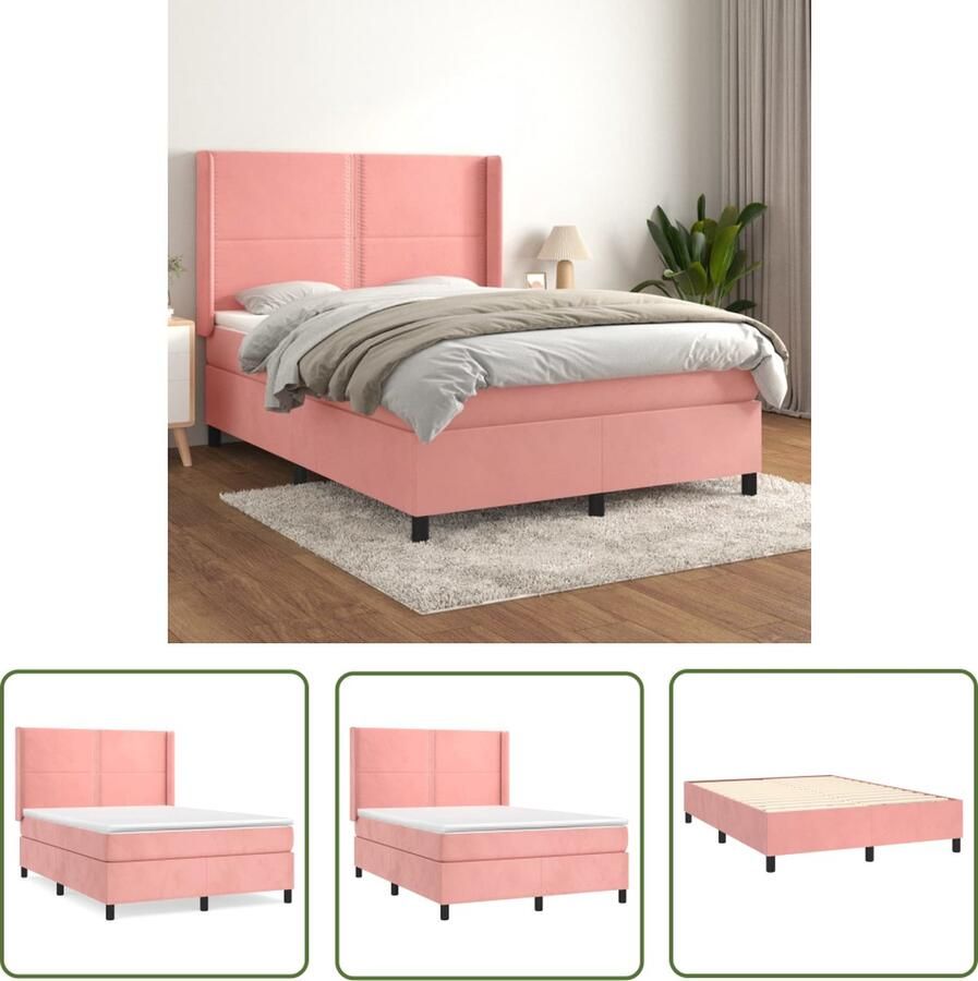 The Living Store Boxspringbed Fluweel Pocketvering Middelharde ondersteuning Roze 203x147x118 128cm 140x200x20cm matras 140x200x5cm topmatras Boxspring Fluweel Bed Rooskleurig Bed Tweepersoons Bed Boxspring Kopen