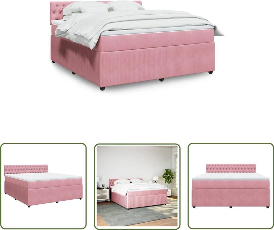 The Living Store Boxspring met matras fluweel roze 180x200 cm Boxspring Slaapcomfort Fluweel Bed Roze Bed Eenpersoonsbed