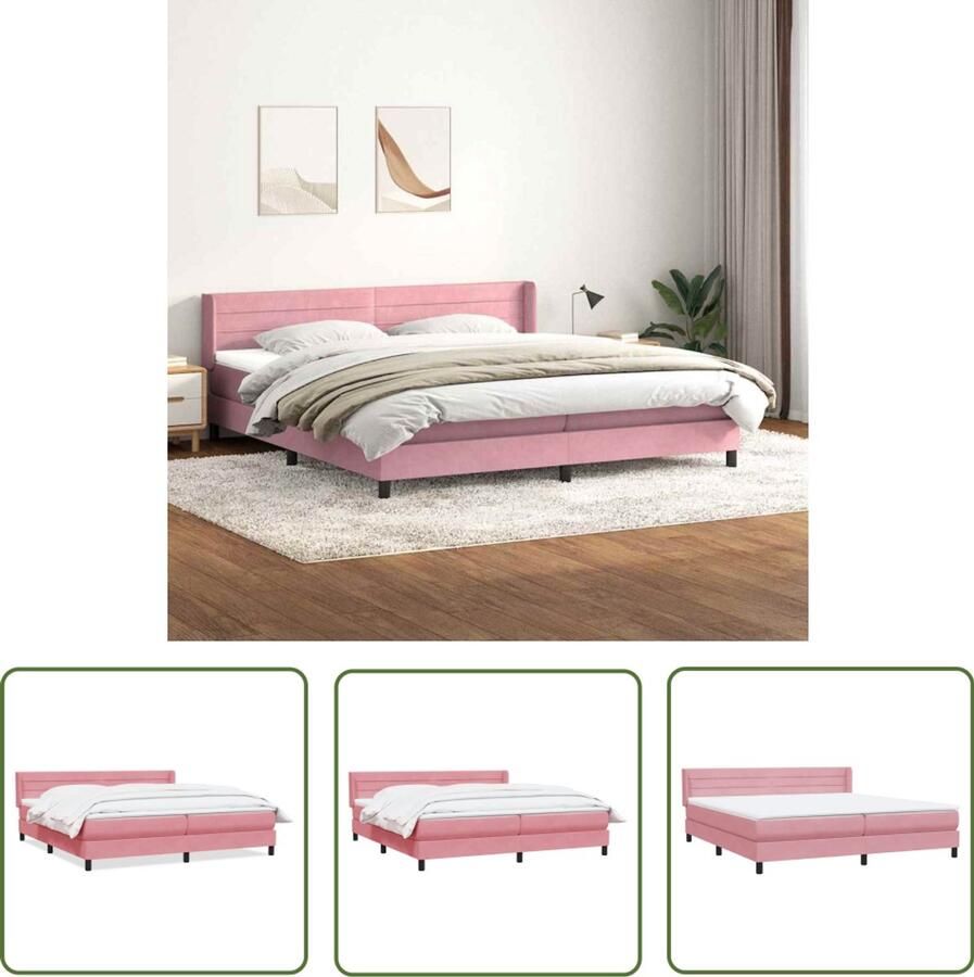 The Living Store Boxspring met matras fluweel roze 180x220 cm Boxspring Slaapcomfort Fluweel Bed Roze Bed Hoofdboard