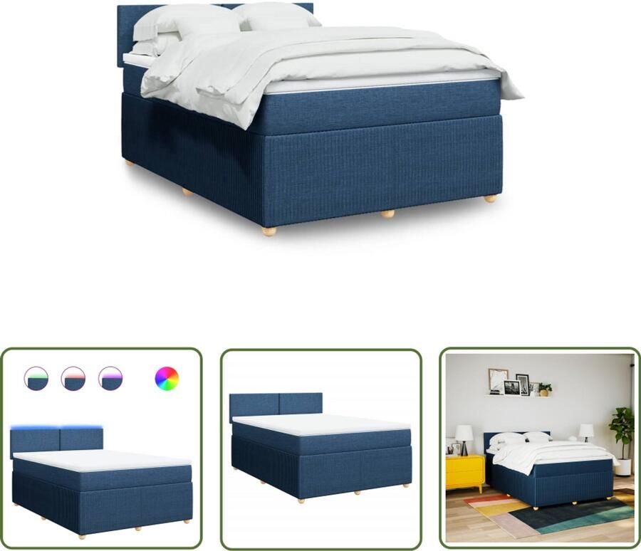 The Living Store Boxspring met matras stof blauw 140x200 cm Boxspringbed Tweepersoonsbed Led-verlichting Boxspring Frame Pocketveringmatras