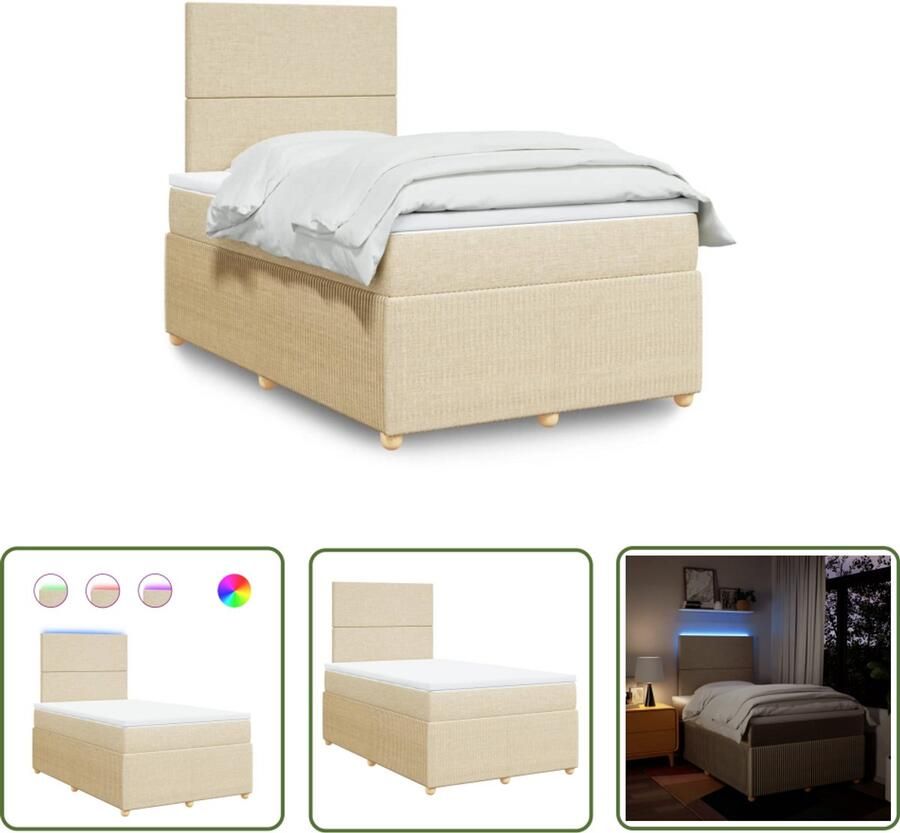 The Living Store Boxspring met matras stof crèmekleurig 120x190 cm Boxspringbed Slaapcomfort Led Verlichting Elektrisch Hoofdbord Pockethveringmatras