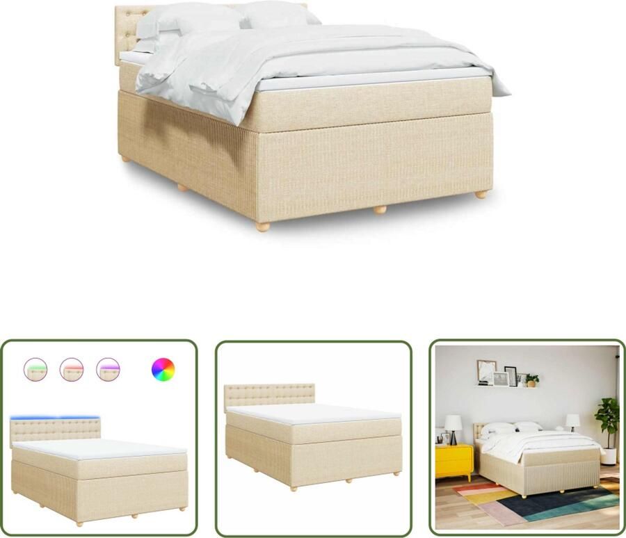 The Living Store Boxspring met matras stof crèmekleurig 140x190 cm Boxspring Bed Frame Tweepersoonsbed Slaapcomfort Led Verlichting