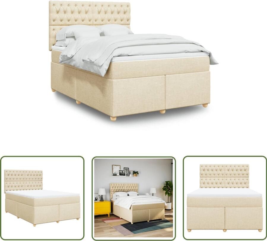 The Living Store Boxspring met matras stof crèmekleurig 140x190 cm Boxspring Tweepersoonsbed Boxspringbed Creme Kleurig Bed Pocketed Veermatras
