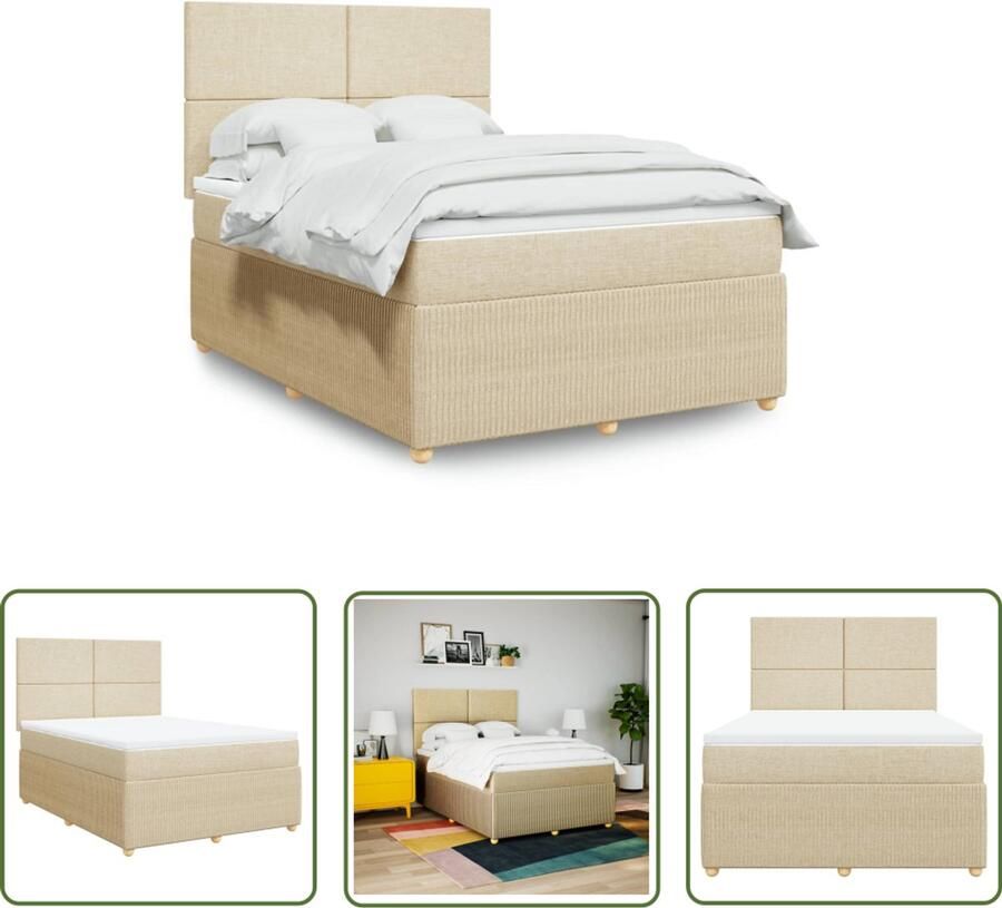 The Living Store Boxspring met matras stof crèmekleurig 140x190 cm Boxspring Tweepersoonsbed Slaapcomfort Matras Hoofdbord