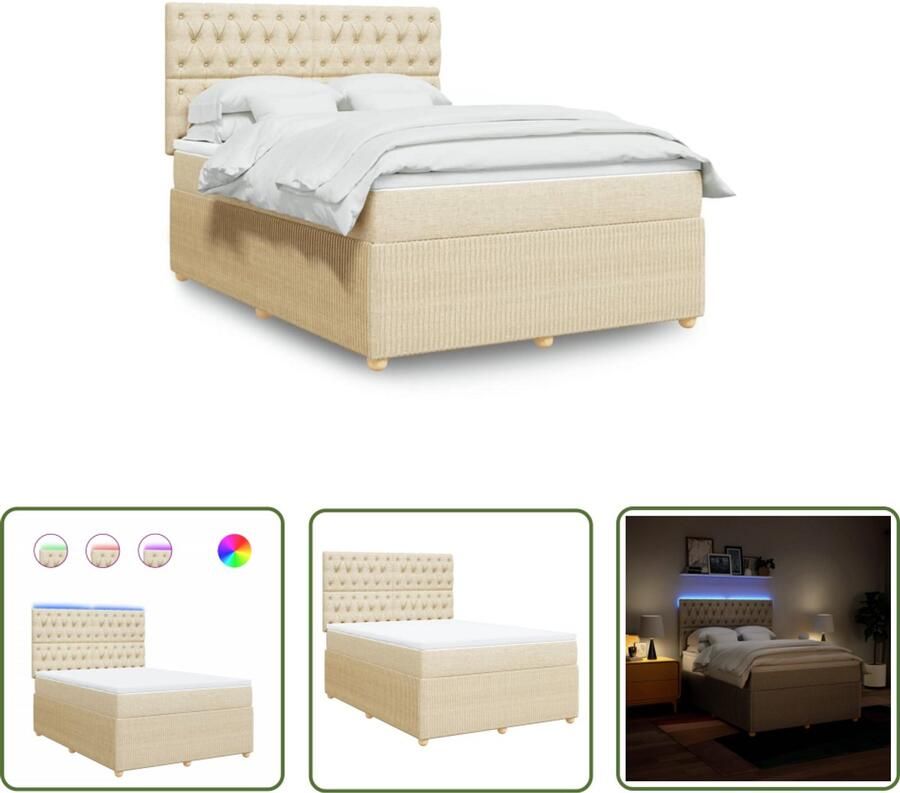 The Living Store Boxspring met matras stof crèmekleurig 140x190 cm Boxspringbed Slaapcomfort Led Verlichting Elektrisch Hoofdbord Pockethveringmatras