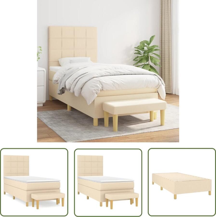 The Living Store Boxspringbed Crème 193 x 90 x 118 128 cm Met verstelbaar hoofdbord en pocketvering matras Boxspringbed Creme Kleurig Boxspring Frame Pocketveer Matras Adjustable Headboard