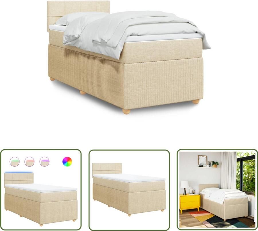 The Living Store Boxspring met matras stof crèmekleurig 90x200 cm Boxspring Tweepersoons Bed Slaapcomfort Led Verlichting Creme Kleur