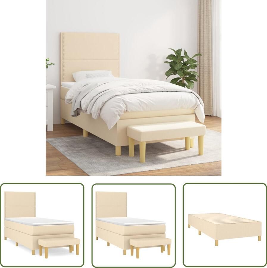 The Living Store Boxspringbed Pocketvering 203 x 100 x 118 128 cm Crème Stof Durable Adjustable headboard Supportive Comfortable Skin-friendly Multifunctional Easy assembly