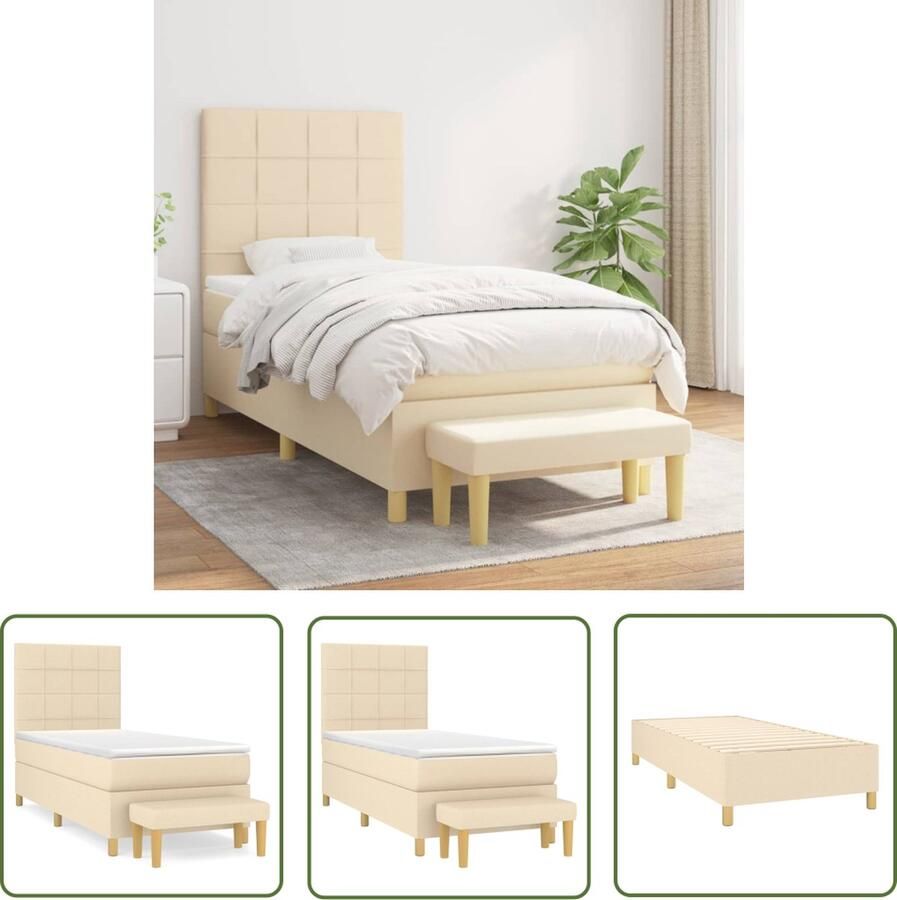 The Living Store Boxspringbed Crème 203 x 90 x 118 128 cm Pocketvering Mattress Verstelbaar hoofdbord Huidvriendelijk Topmatras Multifunctioneel Bankje