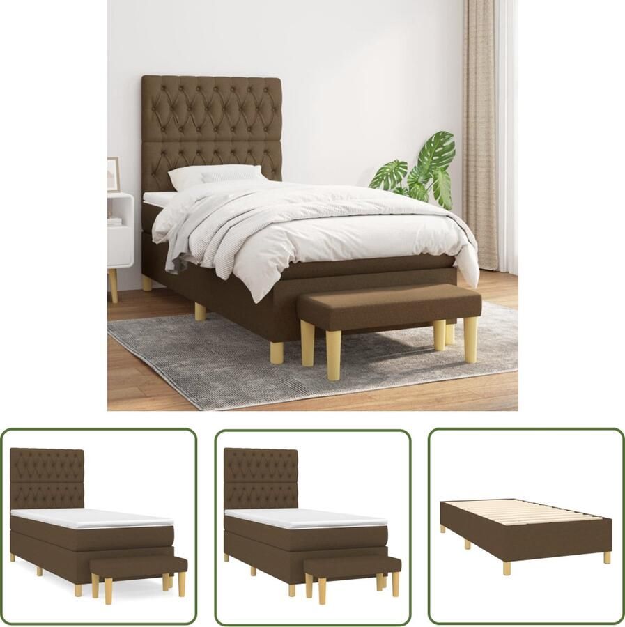 The Living Store Bed Donkerbruin Stof Multiplex Hoofdbord Verstelbaar Pocketvering Matras Middelharde Ondersteuning Topmatras Multifunctioneel Bankje 203x90x118 128 cm