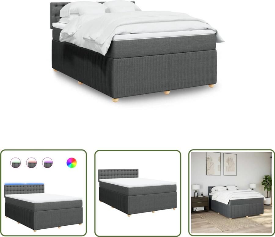 VidaXL Boxspring Donkergrijs 140x200 cm Boxspring Tweepersoons Bed Donkere Kleur Led Verlichting Comfortabel Matras