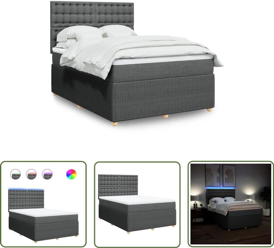 The Living Store Boxspring met matras stof donkergrijs 140x200 cm Boxspringbed Tweepersoonsbed Led-verlichting Elektrisch Verstelbaar Hoofdbord Pocketveringmatras