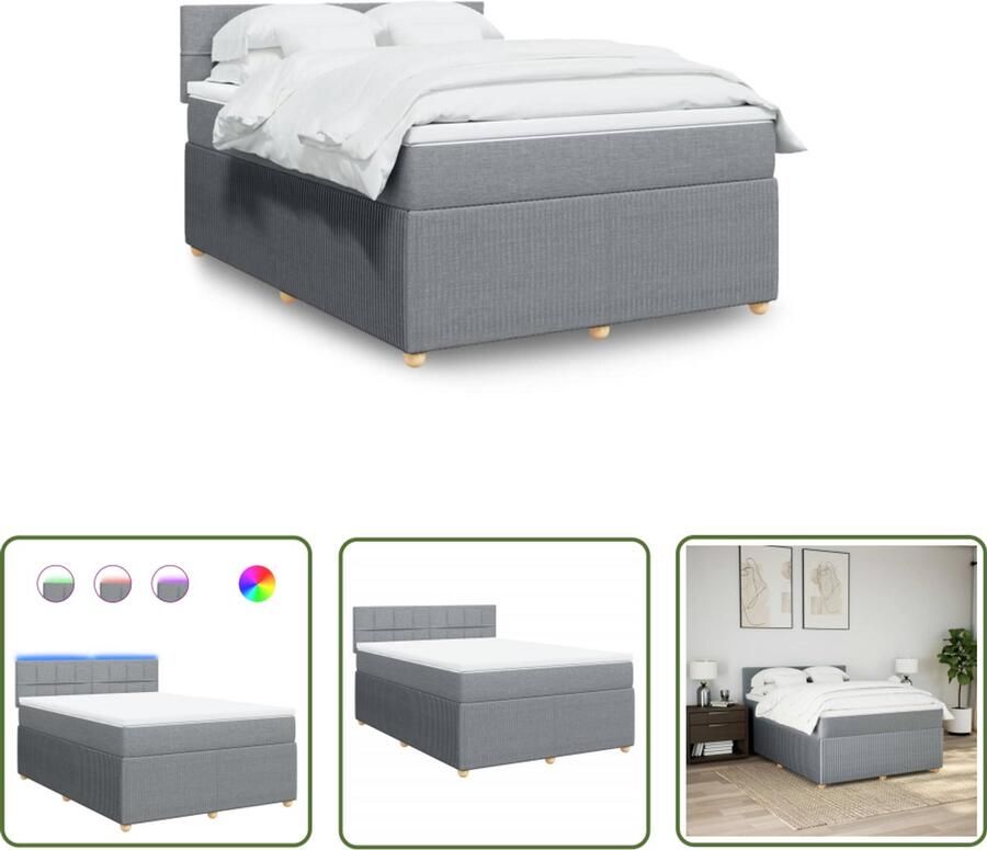 The Living Store Boxspring met matras stof lichtgrijs 140x190 cm Boxspring Bed Frame Led Lamp Slaapcomfort Matras