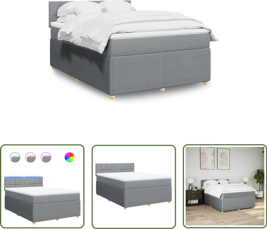 The Living Store Boxspring met matras stof lichtgrijs 160x200 cm Boxspring Tweepersoons Bed Led Verlichting Matras Pocketed Veren