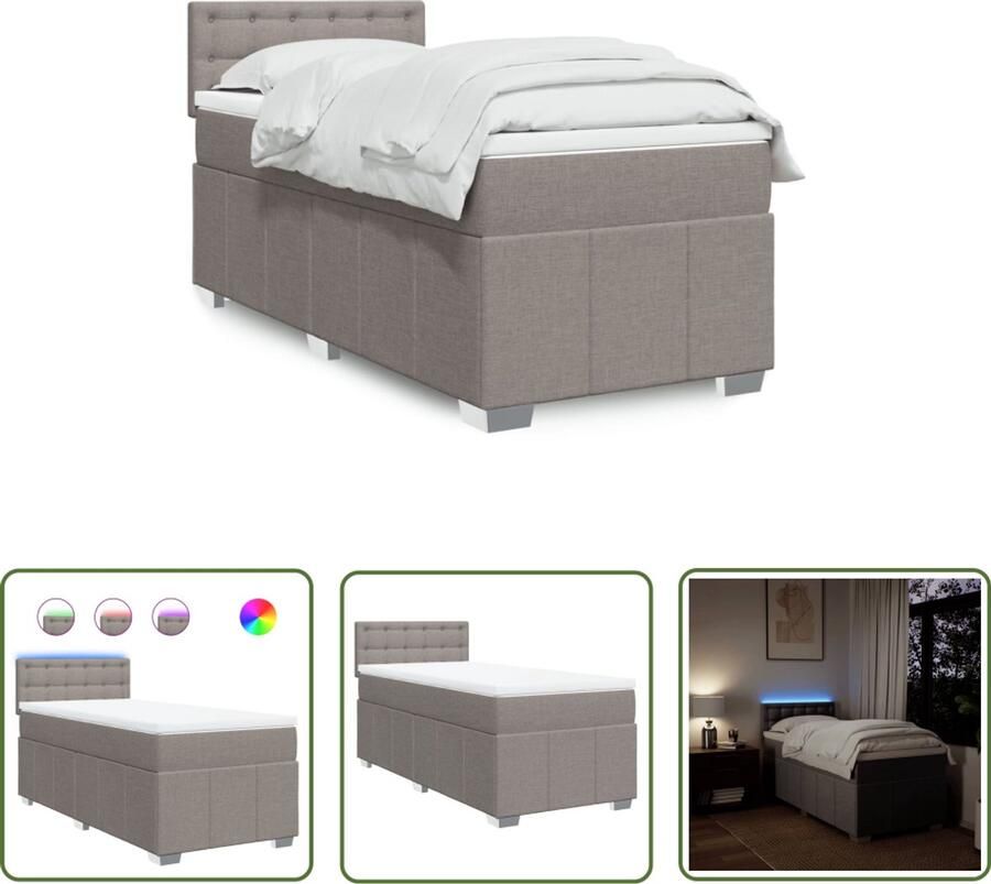 The Living Store Boxspring met matras stof taupe 100x200 cm Boxspring Tweepersoonsbed Boxspringbed Led-verlichting Pocketveringmatras