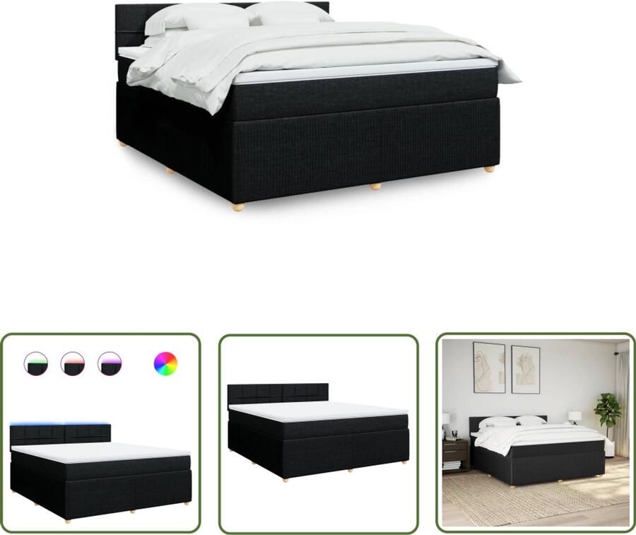 The Living Store Boxspring met matras stof zwart 180x200 cm Boxspring Tweepersoons Bed Led Lamp Pocketveringmatras Comfortabel Bed