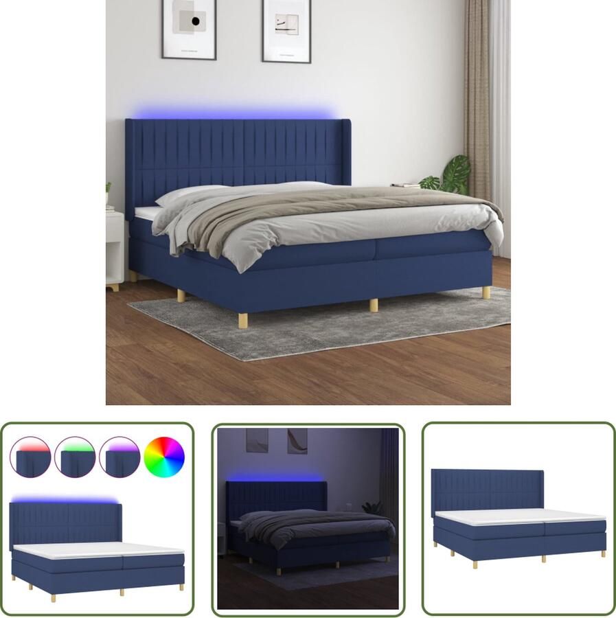 The Living Store Boxspring Pocketvering Matras LED Verlichting Verstelbaar Hoofdbord Blauw 203x203x118 128cm Boxspring Led Lamp Boxspring Frame Tweepersoons Bed Elektrisch Verstelbare Hoofdbord