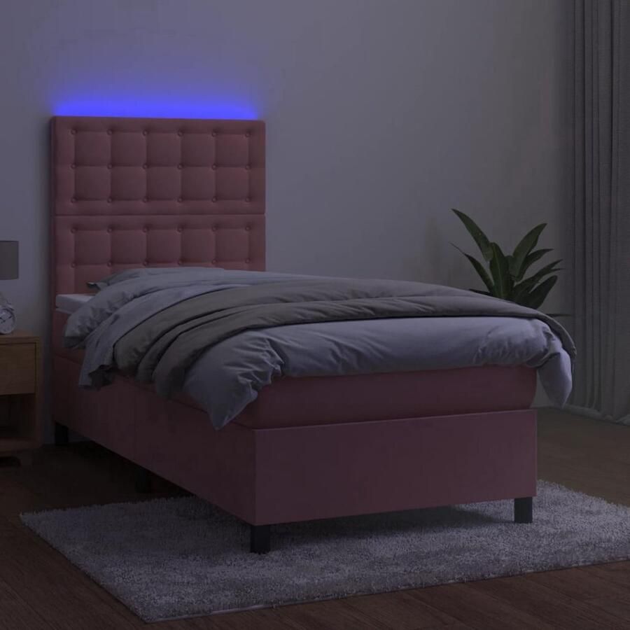 The Living Store Boxspring Roze Fluweel Bed met Matras en LED 203x80x118 128 cm Verstelbaar Hoofdbord Pocketvering Matras Huidvriendelijk Topmatras Inclusief LED-strip