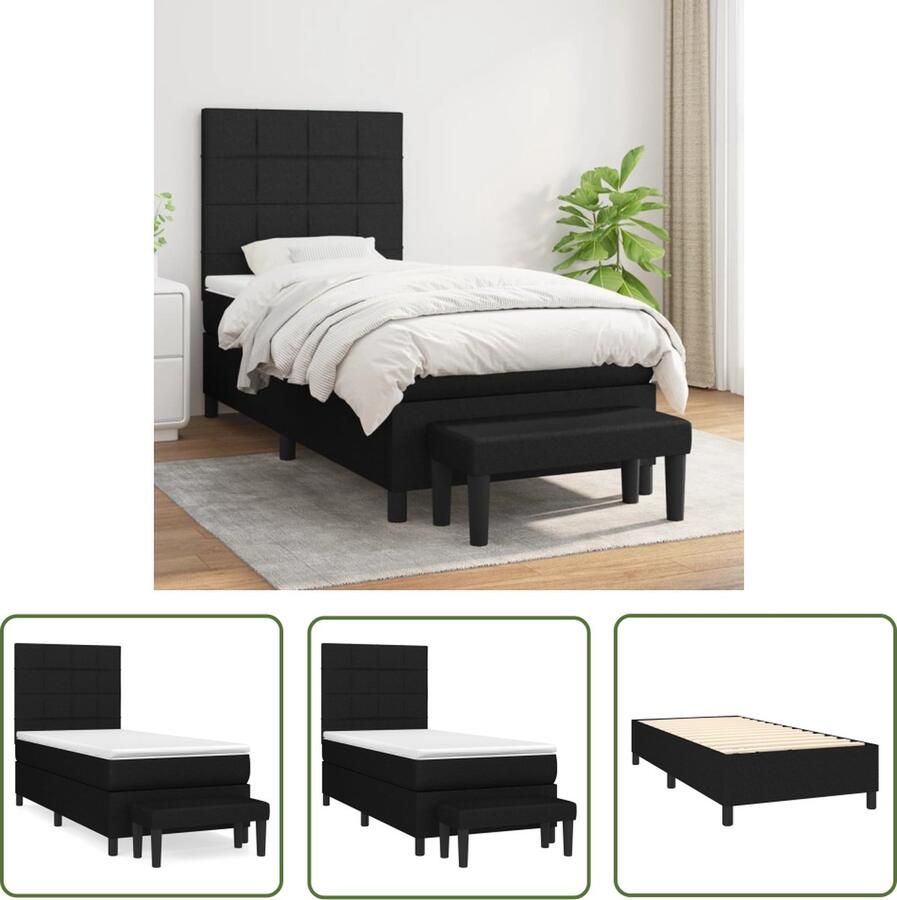 The Living Store Boxspringbed Basic 203x90x118 128cm Zwart Stoffen Bed met Verstelbaar Hoofdbord Pocketvering Matras en Huidvriendelijk Topmatras Inclusief Multifunctioneel Bankje