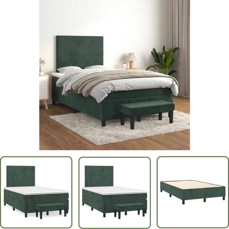 The Living Store Boxspringbed Bed 203 x 120 x 118 128 cm Donkergroen Fluwelen stof Verstelbaar hoofdbord Pocketvering matras Middelharde ondersteuning Huidvriendelijk topmatras Multifunctioneel bankje