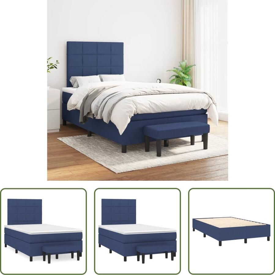 The Living Store Boxspringbed Blauw 203 x 120 x 118 128 cm Pocketvering matras Huidvriendelijk topmatras Verstelbaar hoofdbord Multifunctioneel bankje