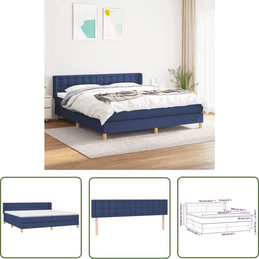 The Living Store Boxspring met matras stof blauw 160x200 cm Boxspringbed Slaapcomfort Pocketveermatras Hoofdboard Blauwe Kamer