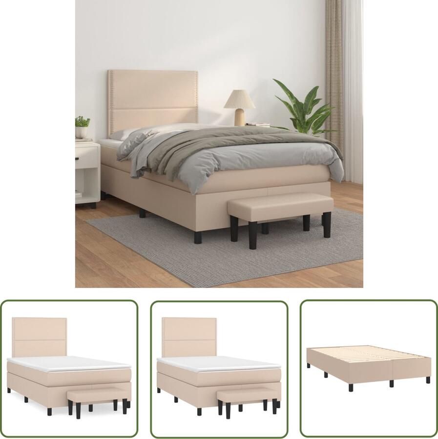 The Living Store Boxspringbed Cappuccino 203x120x118 128 cm Duurzaam kunstleer verstelbaar hoofdbord pocketvering matras middelharde ondersteuning huidvriendelijk topmatras multifunctioneel bankje
