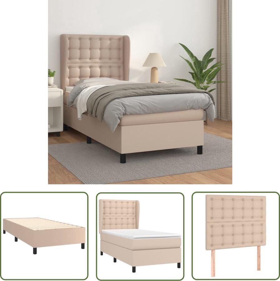 The Living Store Boxspringbed Cappuccino Kunstleer 203x103x118 128 cm Massief larikshout Pocketvering matras Topmatras Huidvriendelijk Boxspringbed Kapstok Bed Frame Bruine Bed Lederlook Bed - Foto 2