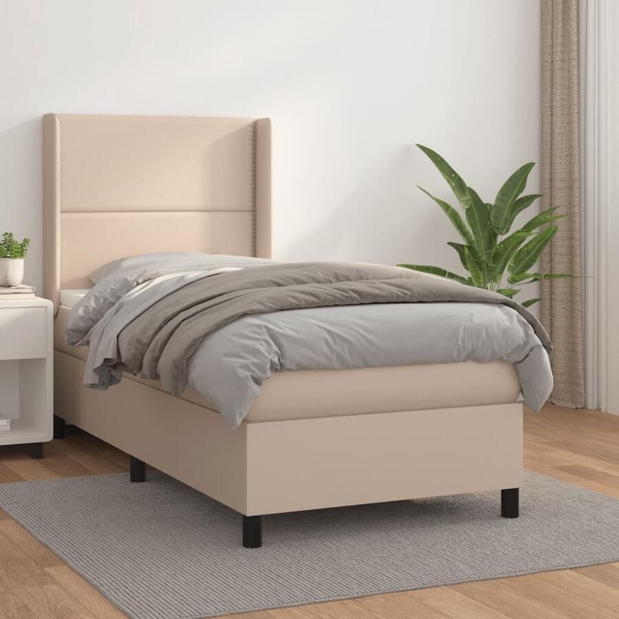 The Living Store Boxspring met matras kunstleer cappuccinokleurig 90x200 cm Boxspringbed Slaapcomfort Kunstleder Pocketvering Hoofdbord