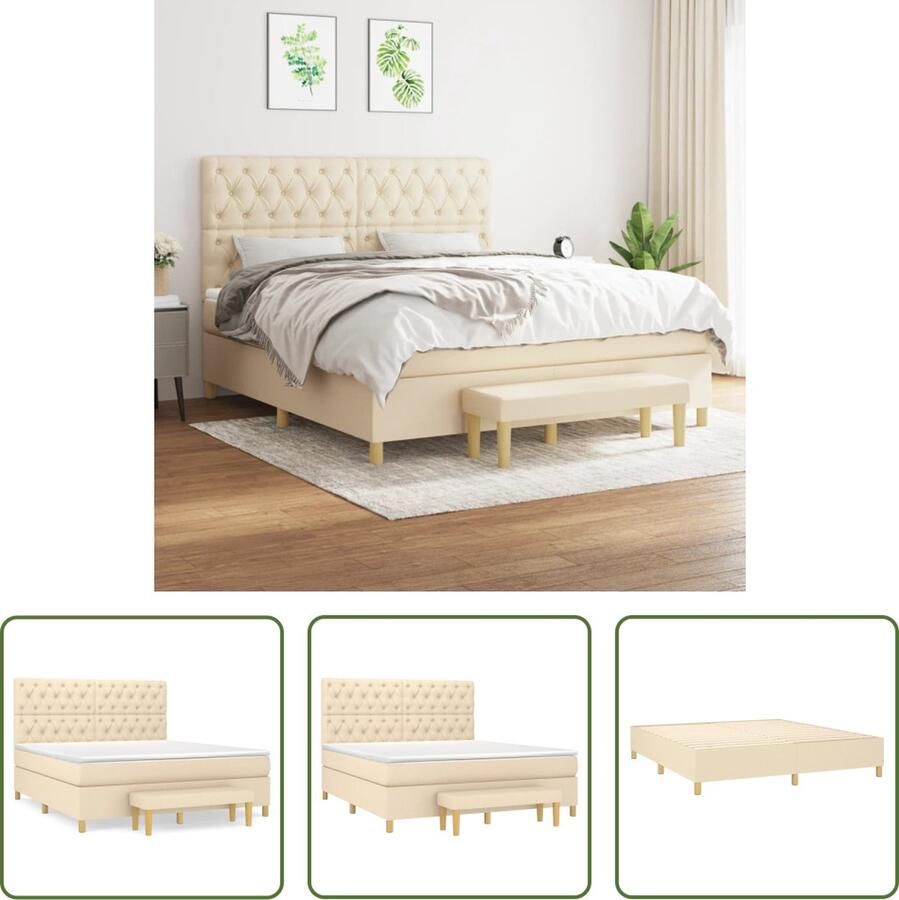 The Living Store Boxspring met matras stof crèmekleurig 160x200 cm Boxspringbed Creme Kleurig Bed Tweepersoonsbed Pocketveer Matras Verstelbare Hoofdbord