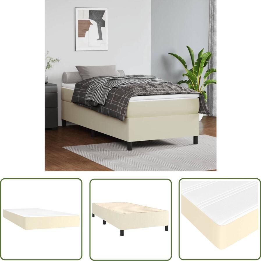The Living Store Boxspring met matras kunstleer crèmekleurig 100x200 cm Boxspringbed Creme Kleurtje Tweepersoonsbed Lederlook Pocketveer Matras