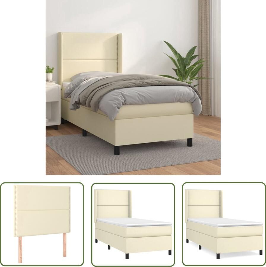 The Living Store Boxspring met matras kunstleer crèmekleurig 100x200 cm Boxspring Boxsprings Bed Slaapmeubel Boxspringbed Boxspring Bed Tweepersoonsbed Bed Met Matras Bedframe Ledikant Bed Met Hoofdbord